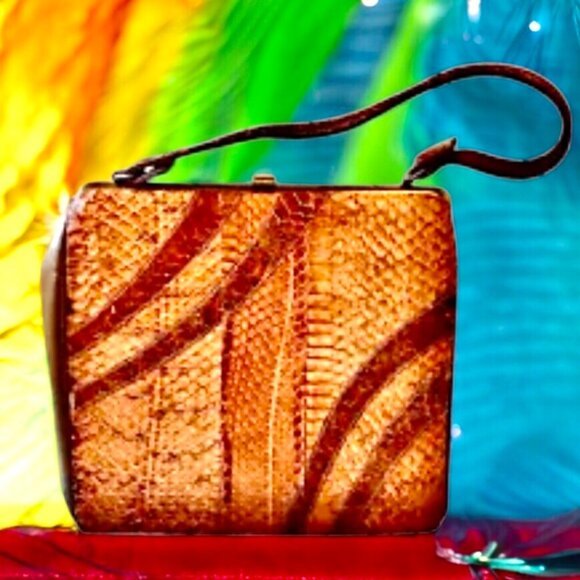 Vintage Snakeskin Handbag Structured Top Handle Clasp Purse Pocketbook - Picture 1 of 13